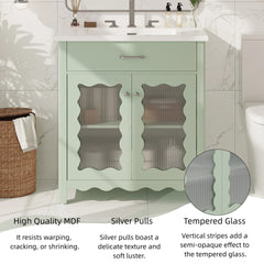 30 Inches Bathroom Vanity with Tempered Glass, Modern Bathroom Cabinet with Rubber Wood legs and Soft close Doors, Green