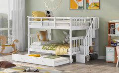 Stairway Full-Over-Full Bunk Bed with Twin size Trundle, Storage and Guard Rail for Bedroom, Dorm - White
