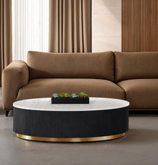 Contemporary Style 1pc Oval Cocktail Table Marble Top Gold Accent Plinth Base Black White And Gold Finish Primary Living Room