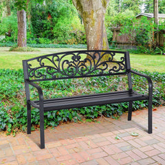 Outsunny 50" Outdoor Bench, Metal Garden Bench with Floral Pattern Backrest, Porch Bench with Slatted Seat for Park, Yard, Lawn, Black