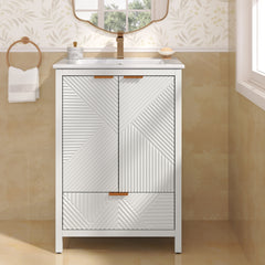 24 Inches Bathroom Vanity with Sink Combo, Modern Bathroom Vanity with Single Faucet Hole, Textured Door Panels and a Drawer, Pine Legs, Large Storage Space & Soft Close Hinges, White