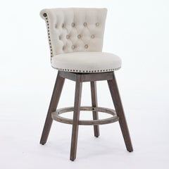 26" Counter Height Bar Stools Set of 2, 360° Swivel Stools with Back & Hand - Tufted Button - Trimmed Edges, Upholstered Velvet Kitchen Counter Stools on Wood Legs,Beige,SW1868BG