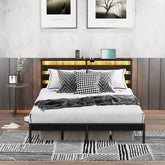 Full Size Metal Platform Bed Frame with Wooden Headboard and Footboard with USB LINER, LED Lights, No Box Spring Needed, Under Bed Storage, Easy Assemble