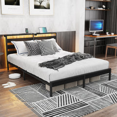 Full Size Metal Platform Bed Frame with Wooden Headboard and Footboard with USB LINER, LED Lights, No Box Spring Needed, Under Bed Storage, Easy Assemble