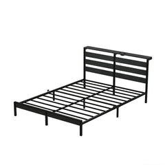 Full Size Metal Platform Bed Frame with Wooden Headboard and Footboard with USB LINER, LED Lights, No Box Spring Needed, Under Bed Storage, Easy Assemble