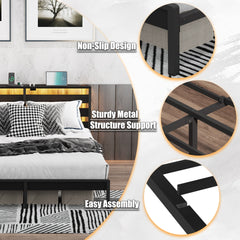 Full Size Metal Platform Bed Frame with Wooden Headboard and Footboard with USB LINER, LED Lights, No Box Spring Needed, Under Bed Storage, Easy Assemble