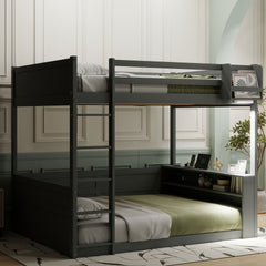Queen Size Wooden Bunk Bed with Built-in Shelves,Storage Box,LED Light and USB Charging Station,Grey