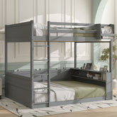 Queen Size Wooden Bunk Bed with Built-in Shelves,Storage Box,LED Light and USB Charging Station,Grey