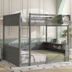 Queen Size Wooden Bunk Bed with Built-in Shelves,Storage Box,LED Light and USB Charging Station,Grey