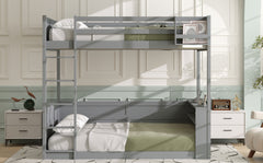 Queen Size Wooden Bunk Bed with Built-in Shelves,Storage Box,LED Light and USB Charging Station,Grey