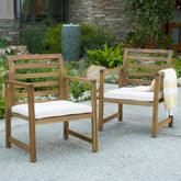 Outdoor Acacia Wood Club Chairs, 2-Pcs Set, Natural Stained / White, 25.5"D x 24.5"W x 33.0"H