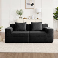 Modular 2 Seat Loveseat Boneless Sofa, Cloud Sectional Couch with Deep Seat, Modern Modular 2-Seat Sofa Couch with Throw Pillows Corduroy Fabric Black