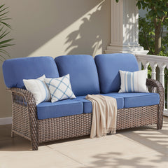 75.2" Outdoor Brown Wicker Patio Sofa with T Shape-Back Cushions and 5" Thick Foam, for Porch or Backyard, Blue