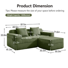 Modular 2 Seat L Shape Sectional Boneless Sofa, Cloud Sectional Couch with Deep Seat, Modern Modular 2-Seat Sofa Couch with Throw Pillows and 1 Movable Ottoman, Corduroy Fabric Green