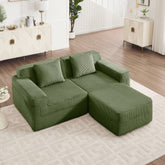 Modular 2 Seat L Shape Sectional Boneless Sofa, Cloud Sectional Couch with Deep Seat, Modern Modular 2-Seat Sofa Couch with Throw Pillows and 1 Movable Ottoman, Corduroy Fabric Green
