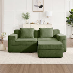 Modular 2 Seat L Shape Sectional Boneless Sofa, Cloud Sectional Couch with Deep Seat, Modern Modular 2-Seat Sofa Couch with Throw Pillows and 1 Movable Ottoman, Corduroy Fabric Green