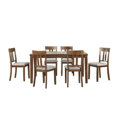 Transitional Styling 7-Piece Pack Dinette Set Cherry Finish Dining Table and 6x Side Chairs Textured Fabric Upholstered Seat Wooden Classic Look Furniture