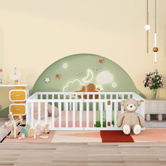 Queen Size Wood Floor Bed Frame with Fence and Door, White