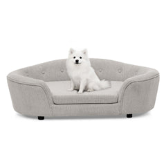 OVERSIZED Size Oval Semi-Enclosed Dog Sofa - Durable Linen Material, Button-Tufted Backrest, High-Center Low-Sides Support & Plush Comfort-Beige