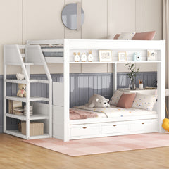 Wood Full Size Convertible Bunk Bed with Storage Staircase, Bedside Table, and 3 Drawers, White