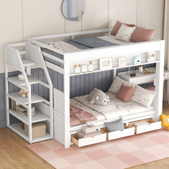 Wood Full Size Convertible Bunk Bed with Storage Staircase, Bedside Table, and 3 Drawers, White