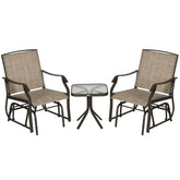 Outsunny 3 Piece Outdoor Glider Chair with Coffee Table Bistro Set, 2 Patio Rocking Swing Chairs with Breathable Sling Fabric, Glass Tabletop, for Backyard, Garden and Porch, Mixed Brown