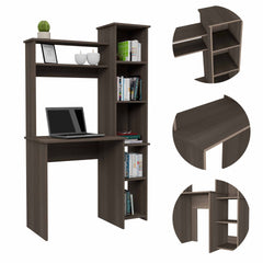 Smokey Oak 6-Shelf Writing Desk with Built-in Bookcase