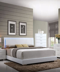 Lorimar White Synthetic Leather & White Leg Queen Bed W/Led