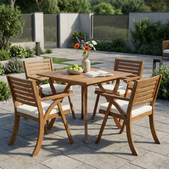 Outdoor Hermosa 5 Piece Wood Dining Set With Cushions, Teak Finish With Cream Cushion