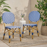 Outdoor PE Ratten and Aluminum French Armless Bistro Chairs, Set of 2, Navy Blue, Bamboo Print Finish