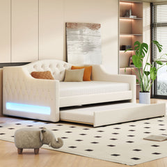 Upholstered Full XL Size Daybed with LED Belt and Trundle, Beige