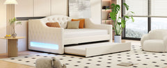 Upholstered Full XL Size Daybed with LED Belt and Trundle, Beige