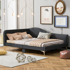 Full Size Upholstered Daybed with Headboard and Armrest, Support Legs, Grey