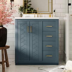 30'' Bathroom Vanity with Ceramic Sink Combo, Solid Wood Frame Bathroom Storage Cabinet, Freestanding Vanity Set with 3 Drawers& Soft Closing Doors