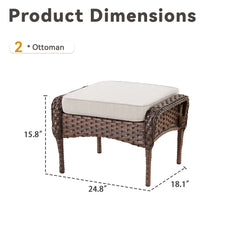 Outdoor PE Wicker Ottomans Set of 2, Patio Brown Rattan Footrests with Beige Cushion for Backyard or Deck