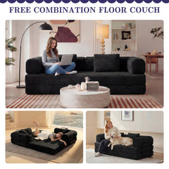 Compression Sofa,Convertible Floor Sofa Bed-with Pillow Back Support Armrest,Comfy Futon Couch Sleeper Bed,Loveseats Boneless Modular Sectional Sofa,Corduroy fabric,for Living Room,Bedroom,Black