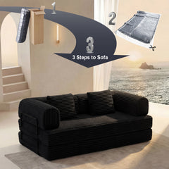 Compression Sofa,Convertible Floor Sofa Bed-with Pillow Back Support Armrest,Comfy Futon Couch Sleeper Bed,Loveseats Boneless Modular Sectional Sofa,Corduroy fabric,for Living Room,Bedroom,Black