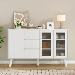 Farmhouse Buffet Cabinet, 55.5" Coffee Bar with 3 Drawers and Pop-Up Doors, Large Rustic Sideboard for Dining Room, Kitchen, Hallway, and Living Room