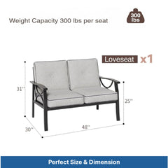 3-Piece Metal Patio Furniture Set, 5-Seat All-Weather Conversation Sofa with 4 Inches Thick Gray Cushions, Black Frame, Coffee Table for Porch Backyard Garden