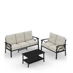 3-Piece Metal Patio Furniture Set, 5-Seat All-Weather Conversation Sofa with 4 Inches Thick Gray Cushions, Black Frame, Coffee Table for Porch Backyard Garden