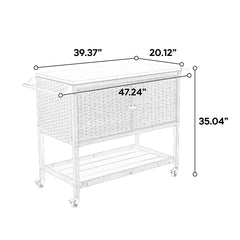 Outdoor Wicker Bar Cart, Patio Wine Serving Cart w/Wheels, Rolling Rattan Beverage Bar Counter Table with stainless steel Top for Porch Backyard Garden Poolside Party, Brown