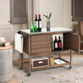 Outdoor Wicker Bar Cart, Patio Wine Serving Cart w/Wheels, Rolling Rattan Beverage Bar Counter Table with stainless steel Top for Porch Backyard Garden Poolside Party, Brown