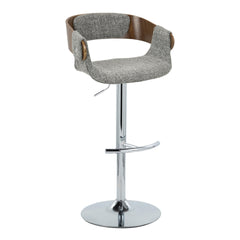 Elisa Mid-Century Modern Adjustable Barstool with Swivel in Chrome Metal, Walnut Wood and Grey Fabric with Rounded T Footrest by LumiSource - Set of 2
