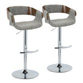 Elisa Mid-Century Modern Adjustable Barstool with Swivel in Chrome Metal, Walnut Wood and Grey Fabric with Rounded T Footrest by LumiSource - Set of 2