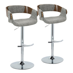 Elisa Mid-Century Modern Adjustable Barstool with Swivel in Chrome Metal, Walnut Wood and Grey Fabric with Rounded T Footrest by LumiSource - Set of 2
