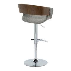Elisa Mid-Century Modern Adjustable Barstool with Swivel in Chrome Metal, Walnut Wood and Grey Fabric with Rounded T Footrest by LumiSource - Set of 2
