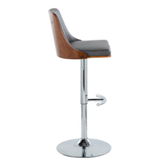 Gianna Mid-Century Modern Adjustable Barstool with Swivel in Chrome Metal, Walnut Wood and Grey Faux Leather with Rounded T Footrest by LumiSource - Set of 2