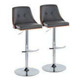 Gianna Mid-Century Modern Adjustable Barstool with Swivel in Chrome Metal, Walnut Wood and Grey Faux Leather with Rounded T Footrest by LumiSource - Set of 2