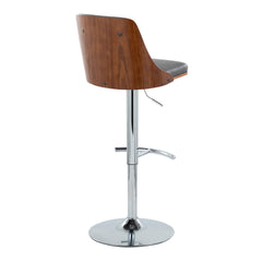 Gianna Mid-Century Modern Adjustable Barstool with Swivel in Chrome Metal, Walnut Wood and Grey Faux Leather with Rounded T Footrest by LumiSource - Set of 2