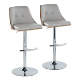 Gianna Mid-Century Modern Adjustable Barstool with Swivel in Chrome Metal, Walnut Wood and Light Grey Faux Leather with Rounded T Footrest by LumiSource - Set of 2